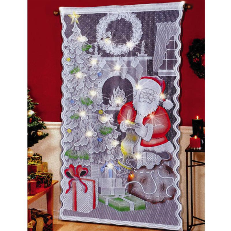 

40x84 Inch Christmas Curtain Christmas Tree Santa Claus Snowman Warp Knitted Lace Curtain With LED Lamp String Door