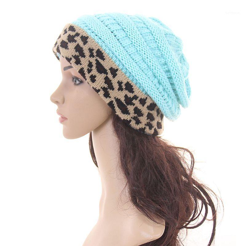 

Women Winter Warm Chunky Knit Skull Cap Leopard Cuffed Stretchy Baggy Beanie Hat 95AB1, White