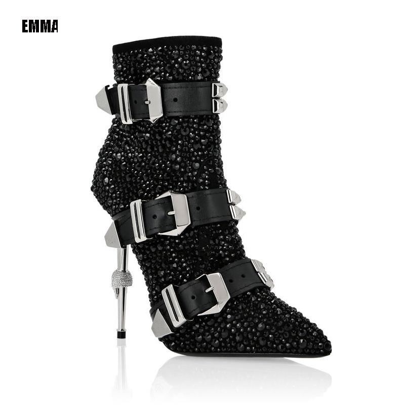 

Women Fashion Short Boots Lady Metal Strap High Heels Black Full Crystal Decoration Booties High Heels Shoes Women 2020 New, As pic