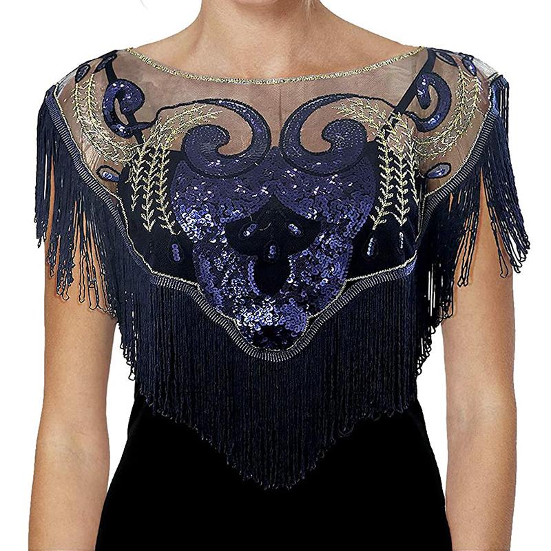 

Women's 1920s Mesh Sequin Wedding Bridal Cape Evening Shawl Wrap Roaring 20's Cape Fringed Gatsby Flapper Dress Accessories