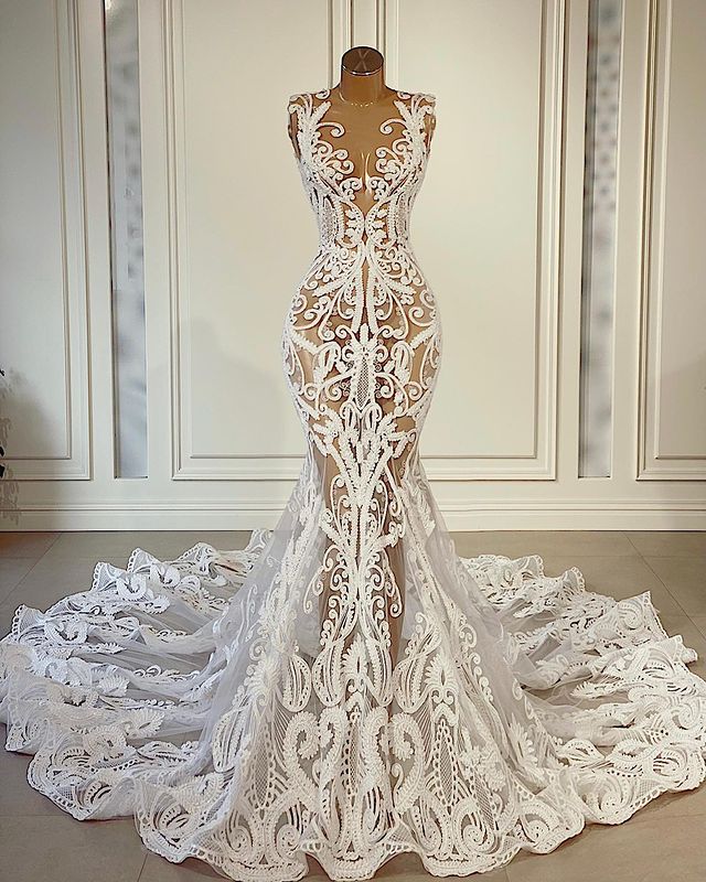 

2021 Plus Size Arabic Aso Ebi Vintage Sexy Lace Wedding Dresses See Through Mermaid Bridal Dresses Sheer Neck Wedding Gowns ZJ266, Same as image