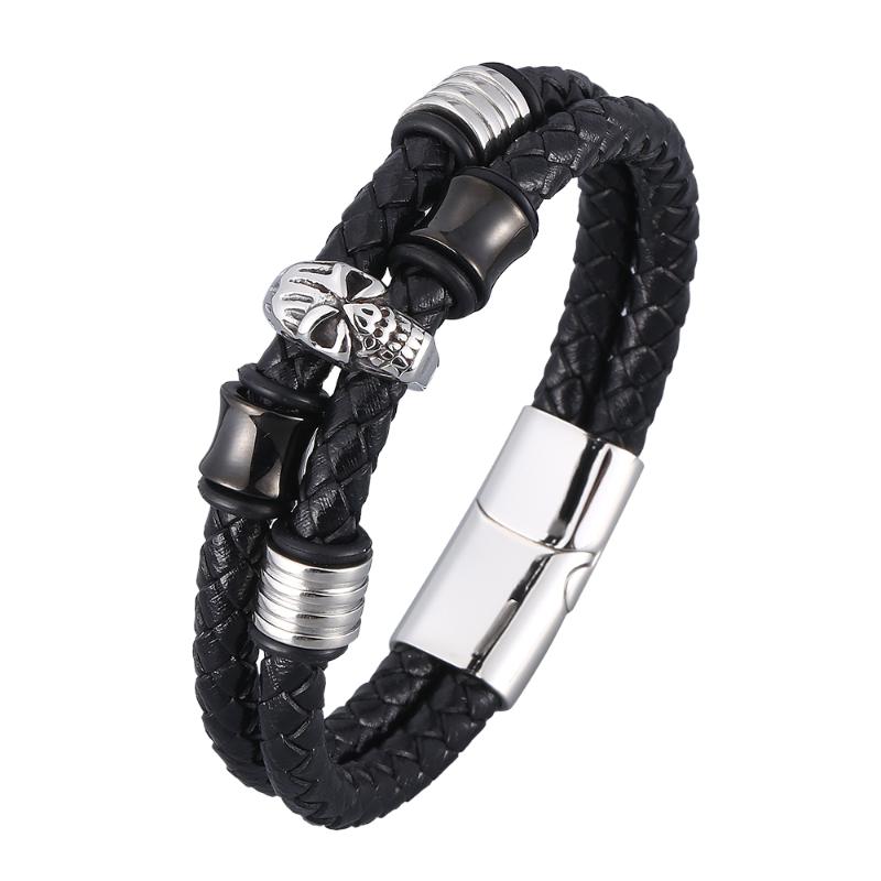 

Punk Men Skull Braid Bracelet Multilayer Leather Bangle Stainless Steel Magnetic Clasp Male Jewelry Handmade Bracelets BB0952