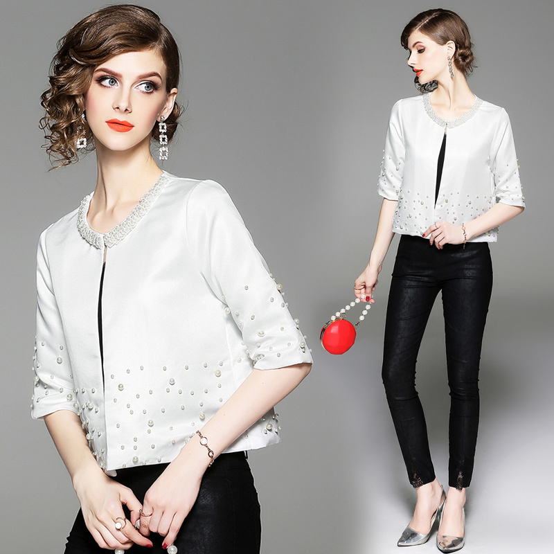 

2021 New Autumn Elegant Beading Pearls Spring Office Basic Jacket Women Half Sleeve White Short Jackets Coats Casaco Feminina Cddq