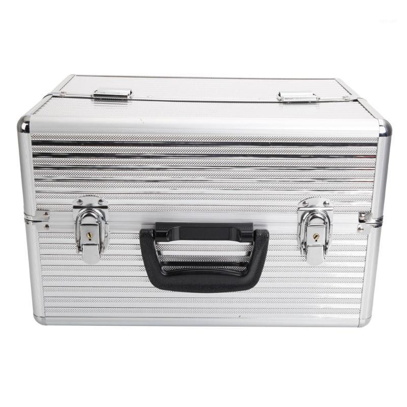 

[US-W]Handy Stylish Three Stripes Aluminum Makeup Storage Box with Keys Silver 1908122191, Beige
