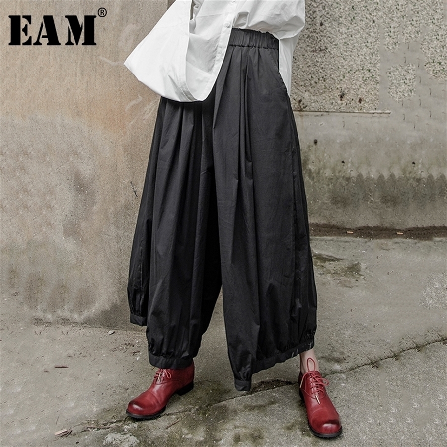

[EAM] New Spring Autumn High Elastic Waist Black Pleated Split Joint Wide Leg Loose Pants Women Trousers Fashion JX100 201118