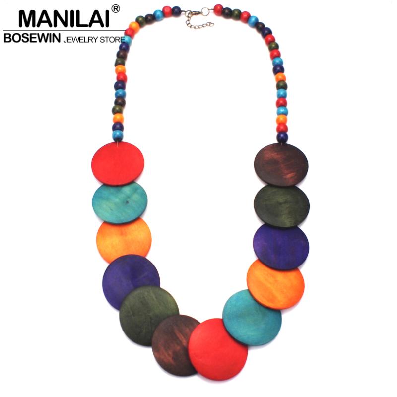 

MANILAI Fashion Jewelry Long Wood Beads Statement Necklace Bohemian Women Multicolor Big Beaded Pendant Necklace Wooden Big