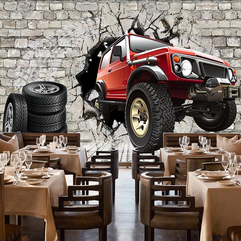 

Custom 3D Wall Murals Retro Brick Wall Tire Car Graffiti Poster Painting Restaurant Bar KTV Background Decor Wallpaper, As pic