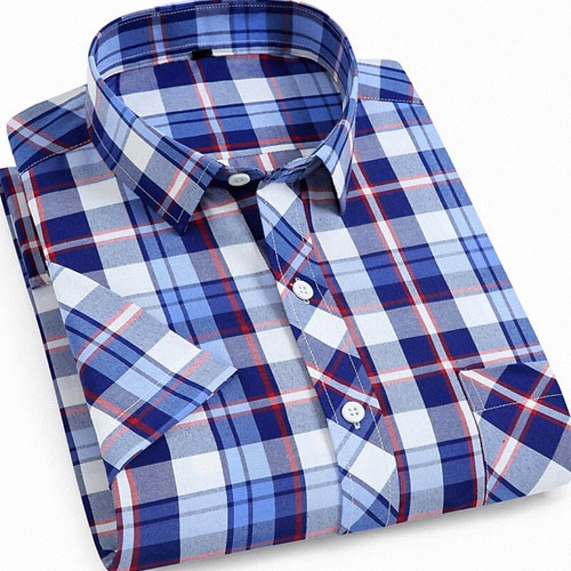 Men's Shirt Plaid Button Down Collar Daily Print Short Sleeve Tops Blue q8DN#