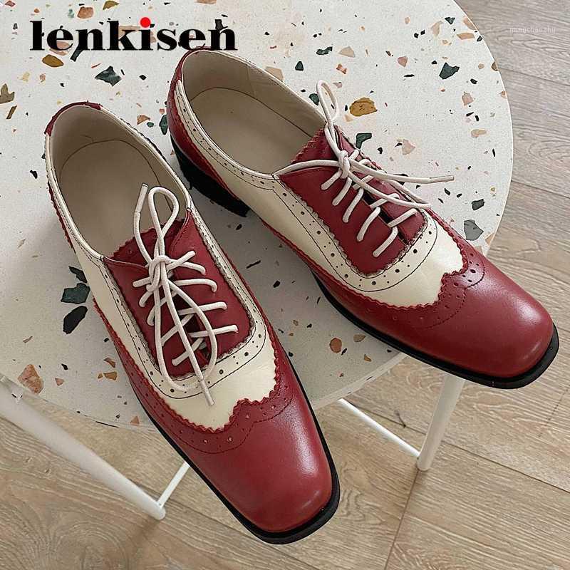 

Lenkisen new british real leather mixed colors fashion deep mouth design square toe thick med heel lace up dress women pumps L011, Brown