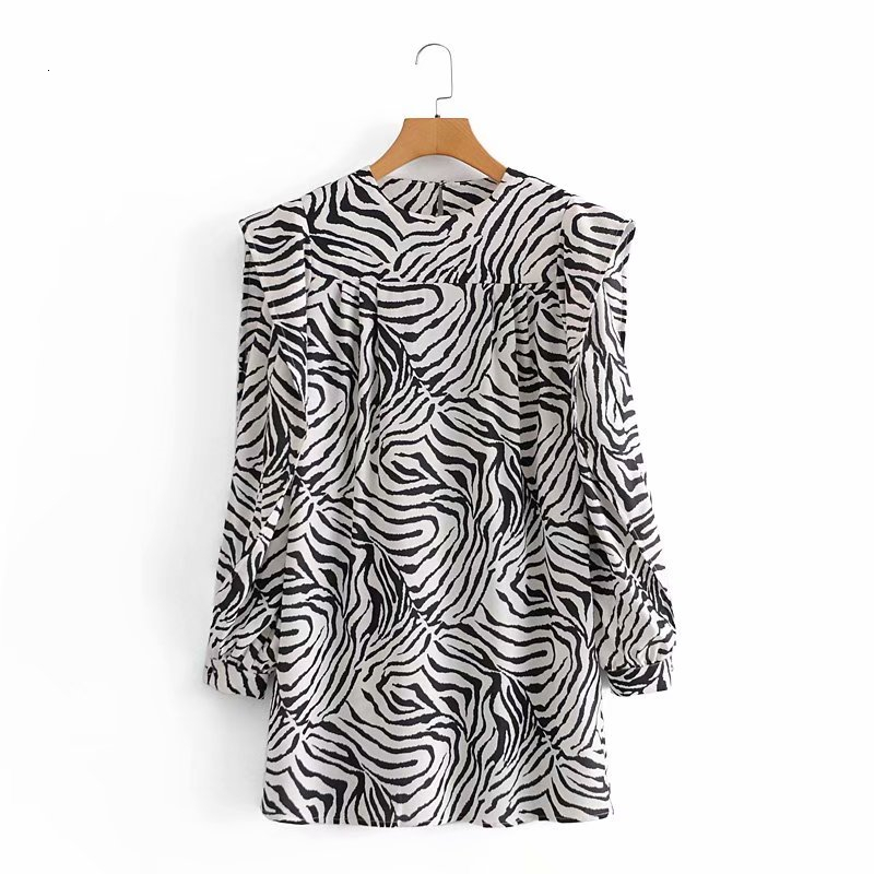 

New Elegant Women Zebra-stripe 2021 Fashion Ladies Shoulder Pads Vestidos Streetwear Female Chic Sleeve Mini Es 4xta, Black and black