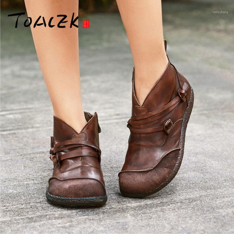 

Original hand-made leather women's short boots flat comfortable personality retro casual boots1, Coffee