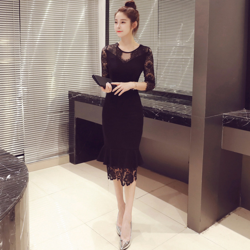 

2021 New Dressed short-sleeve black lace in pencil hollow-out design frilly dress E96D