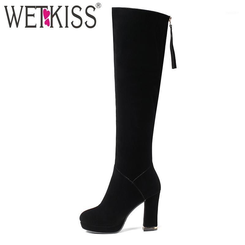 

WETKISS High Quality Elegant Ladies Flock Knee Boots Thick High Heels Winter Short Plush Platform Boots Zipper Women Shoes Black1, Black