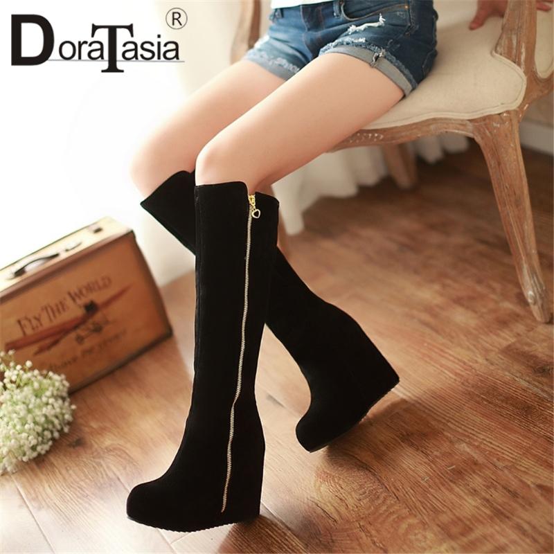 

DORATASIA Big Size 32-43 Female Knee High Boots 2020 Concise Boots Women Round Toe Platform Wedges High Heels Zip Shoes Woman, Yellow