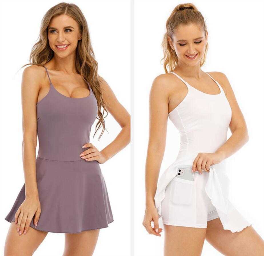 

Naked Feeling Pocket Sling Light Proof Yoga Outfits Casual Dresses Running Fitness One Piece Sports Skirts Quick Drying Elastic Golf Tennis Skirt, Black