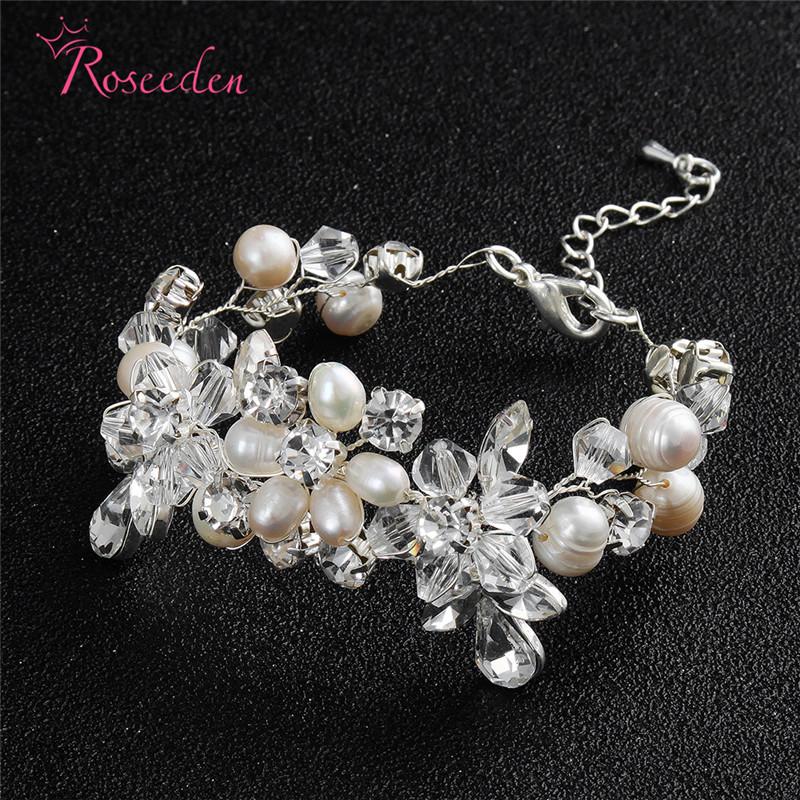 

Link, Chain Handmade Crystal Rhinestone And Freshwater Pearls Wedding Bracelet Bridal Jewelry Vintage RE3109