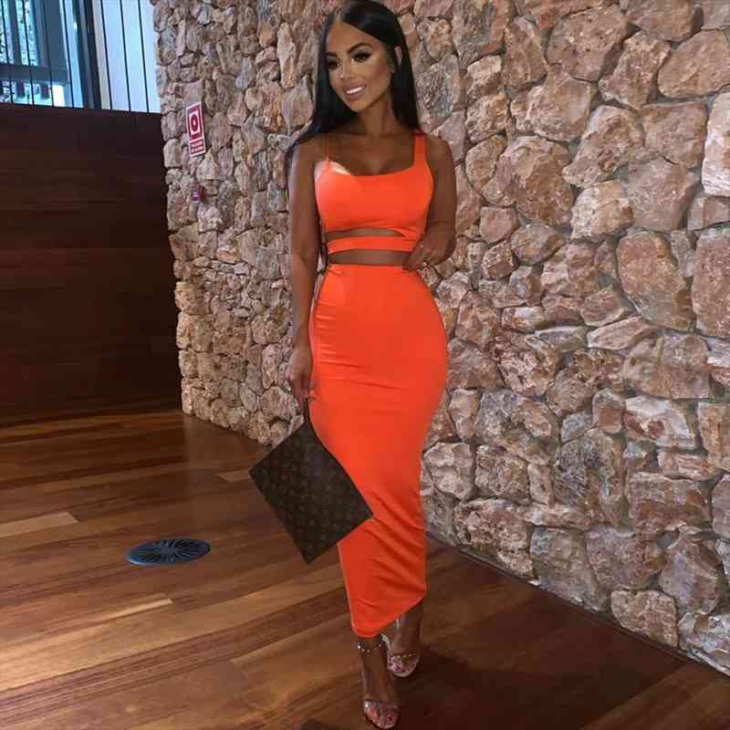 

neon green orange club wear 2 two piece sets summer casual outfits bodycon long skirt and sleeveless cut out, Gray