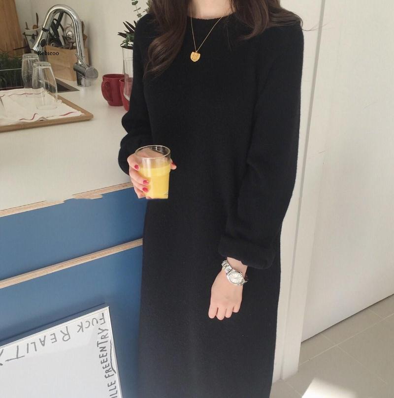 

Warm Sweater Women Autumn Dress Winter Long Sweater Knitted Dresses Long Loose Maxi Oversize Lady Dresses Robe, Black
