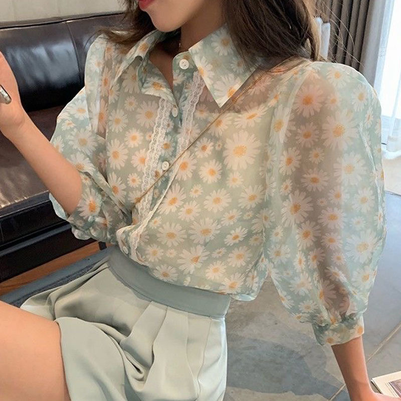 

2021 New Elegant Floral Print Organizes Shirts Sexy Transparent Women Woven Sleeves Puff Tops Fashion Blouse ZXMC, Pink