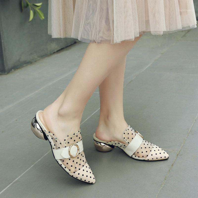 

2020 Summer New Elegant Women Mules Shoes Med Heels Slip on Pointed Toe Slippers Ladies Slides Shoes1, Black