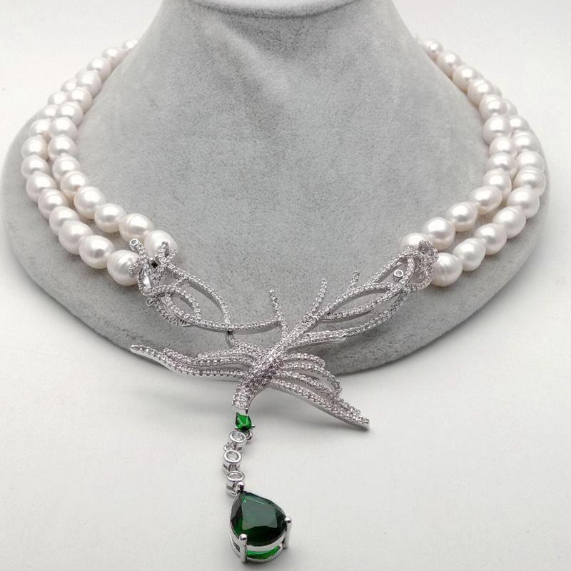 

19''-20" 2 Strands Cultured White Rice Pearl Necklace CZ Pendant1