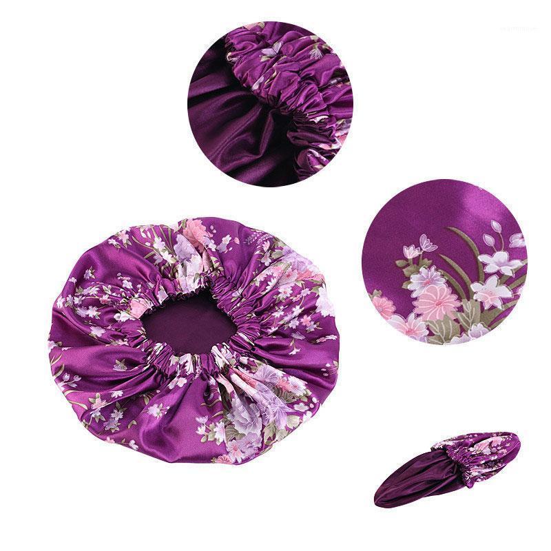 

Lovely Thick Women Shower Satin Hats Floral Bath Shower Caps Hair Double waterproof Bathing Cap Bathroom Accessories1, Purple