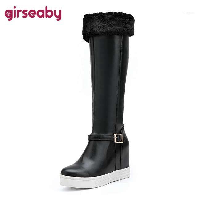 

Girseaby woman winter snow boots Wedge high heels fur warm plush waterproof knee high boots booties round toe botas mujer Pink1, Black