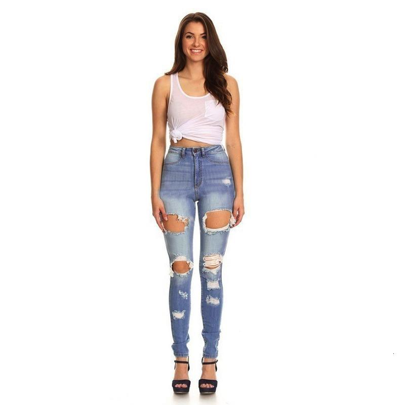 

2020 Skinny Ripped Casual Slim Fit Cool Cotton Jeans Ladies Autumn Casual Streetwear Hole Denim Pencil Pants Plus Size, Blue