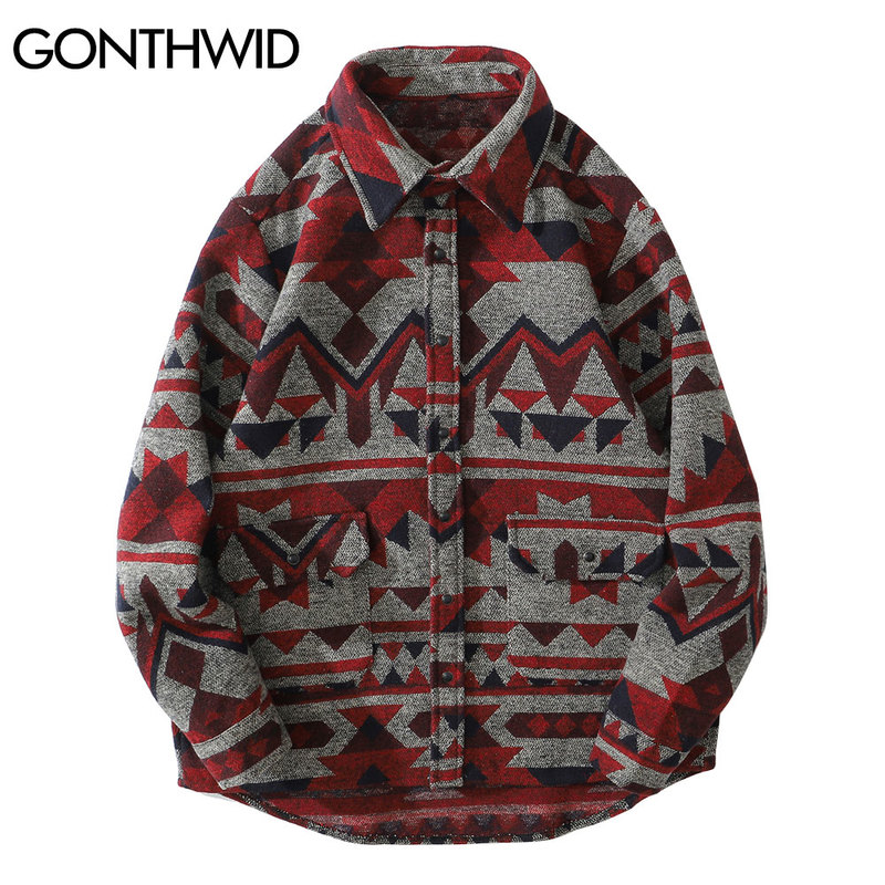 

Thick Shirts Coat Streetwear Hip Hop Pockets Geometric Color Block Shirt Men Fashion Harajuku Casual Shirts Jacket Tops, Kg-1