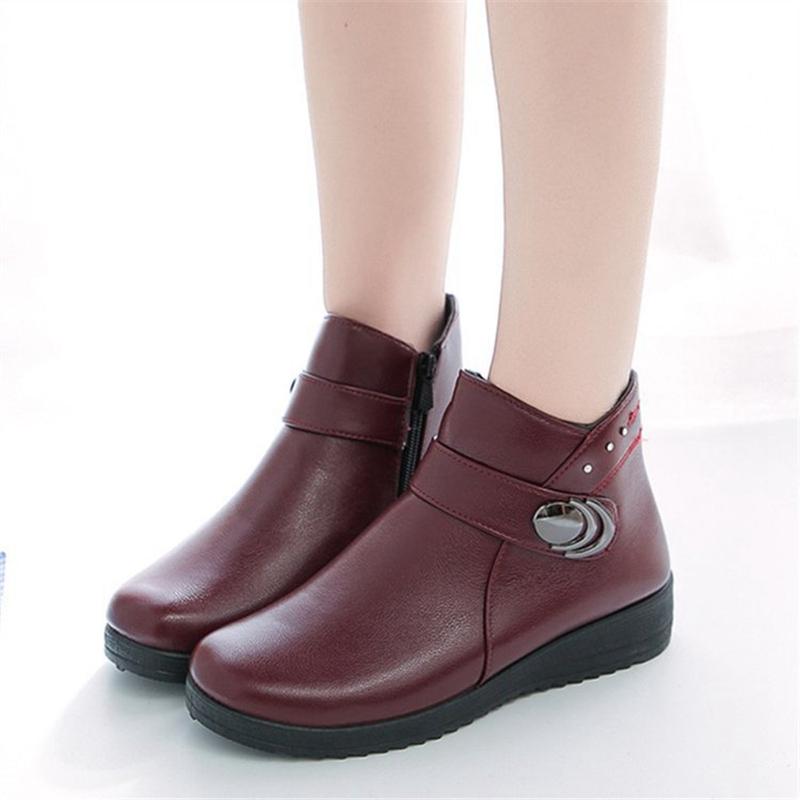 

ZZPOHE Women Snow Boots Winter Leather Warm Fur Plush Flats Ankle Boots Female Casual Non-slip Shoes Mother Free Shipping, Black