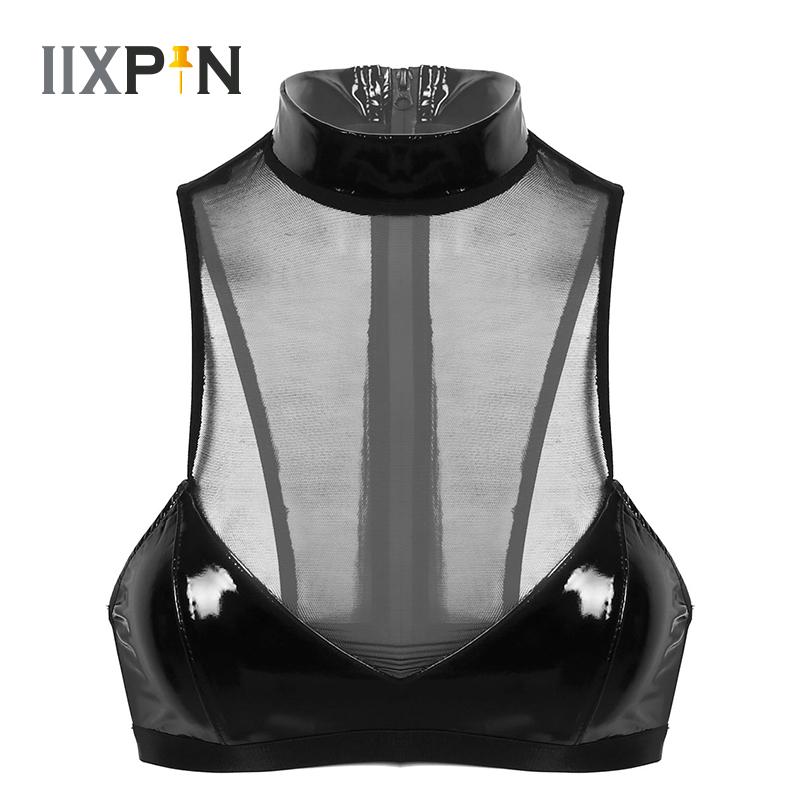 

Womens Sexy Bras Top Patent Leather Sheer Mesh Patchwork Sexy Lingerie High Neck Back Zip Up Tank Bra Crop Top Nightwear, Black
