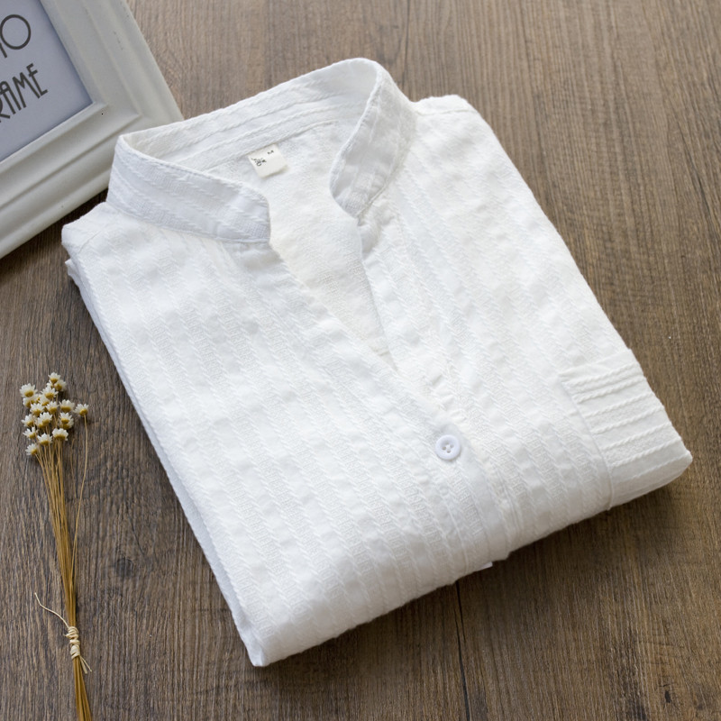 

2021 New Spring Summer Causal White Women Shirts V-neck Loose 100% Cotton Office Lady Elegant Pocket Blouse Shirt Tops Mjuer 261 9pzp