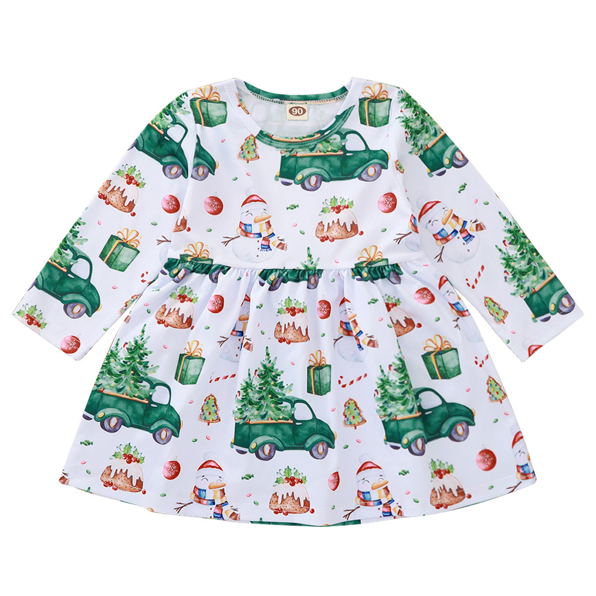 

Girls Christmas White Snowman Car Print Dresses Fashion Kids Design Dress Long Sleeve Santa Claus Dresses Gift Christmas Xmas Skirts ZXH2155, As picture