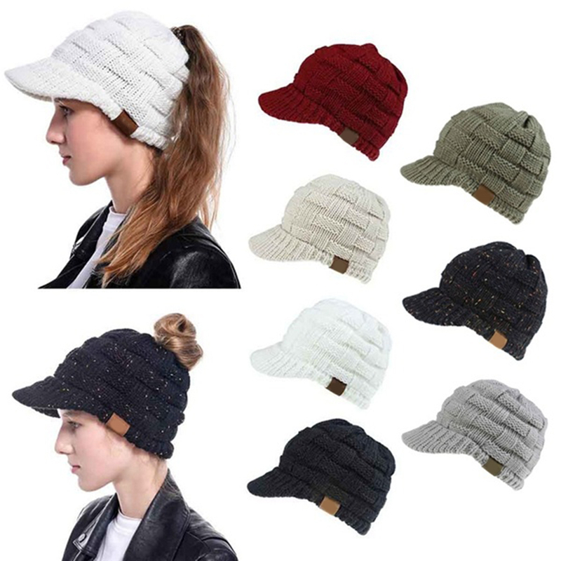 

2020 Winter Women Knitted Baseball Cap for Girl Warm Casual Sports Elastic Adjustable Messy Bun Foldable Visor Cap Hats, Black