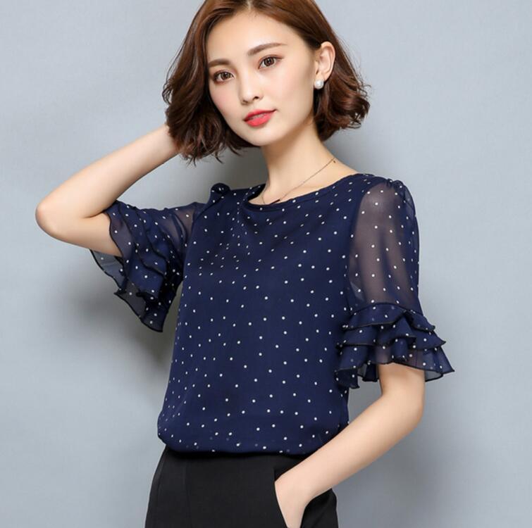 

Plus Size 4XL 2020 Summer New Women Short Sleeve Chiffon Polka Dot Casual Blouses Shirts Ruffles Sleeve Office Tops Shirts, Blue
