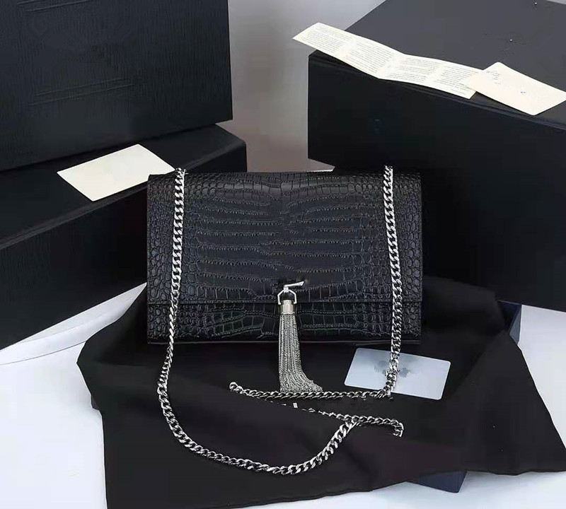 

Hot Women purse luxury designer handbag kate bags crocodile pattern real leather chain shoulder bag high quality tassel bag 24cm, Red gold