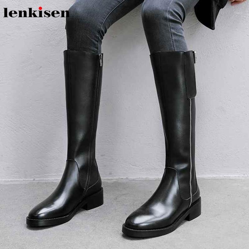 

Lenkisen new riding boots cow leather med heels round toe handsome side zipper buckle straps winter women thigh high boots L821, Black