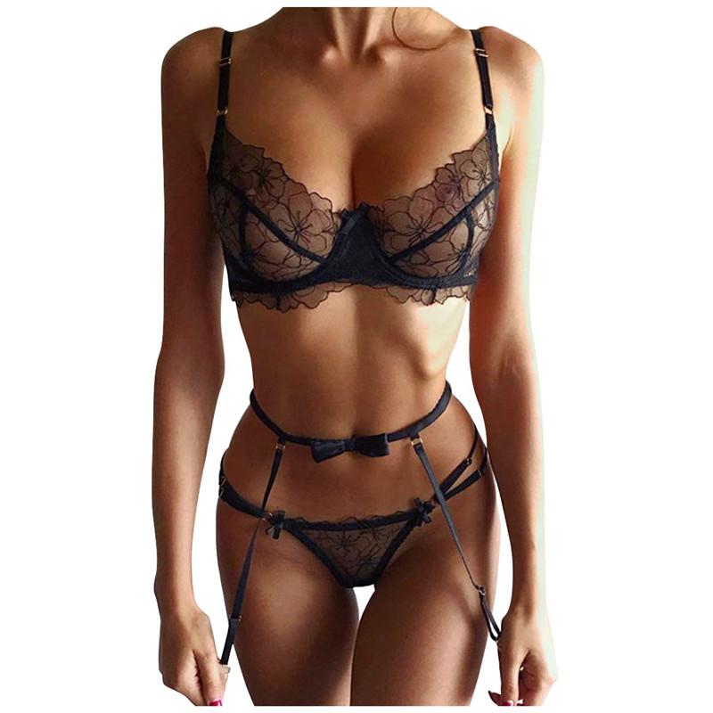 

Women Sexy Lingerie Sets with Garter, Lace Flower Trim Bra and Panty Teddy Babydoll Nightwear, Black