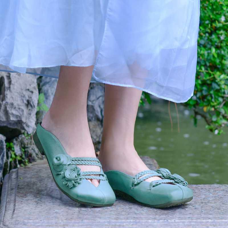 

vallu Handmade leather women's shoes summer new sandals flat bottom comfortable literature and art leisure flowers college style1, Light green
