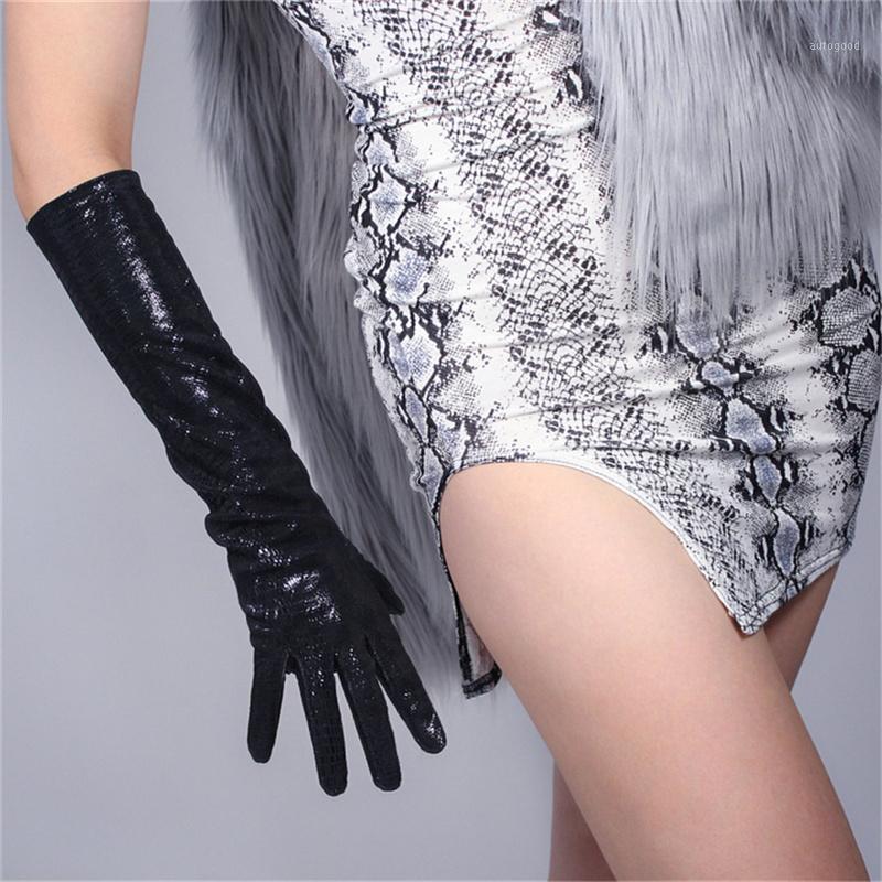 

Five Fingers Gloves Women 44cm Genuine Leather Lizard Skin Texture Print Bright Black Sheepskin 3-TB1111