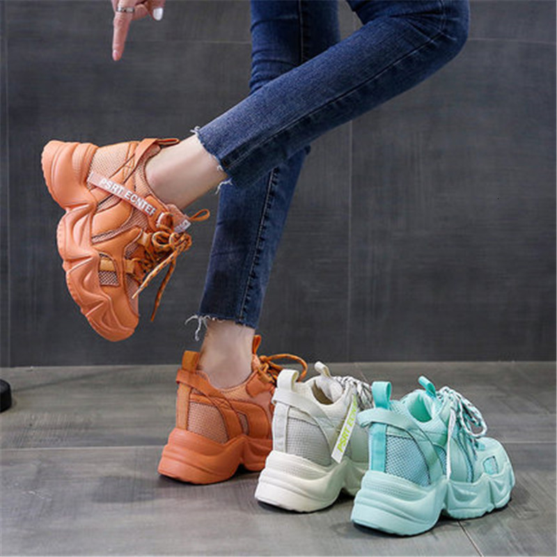 

New Autumn 2021 Woman Sneakers Breathable Mesh Women's Thick Heels Shoes White Orange Femme H8R4, Sky blue.