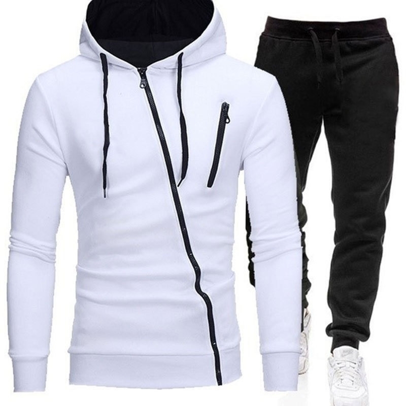 

Tracksuit Men Two Pieces Set Hoodies +pants Sweatshirt Zipper Sportswear Causal Mens Clothing Male Hooded Ropa Hombre 201128, White