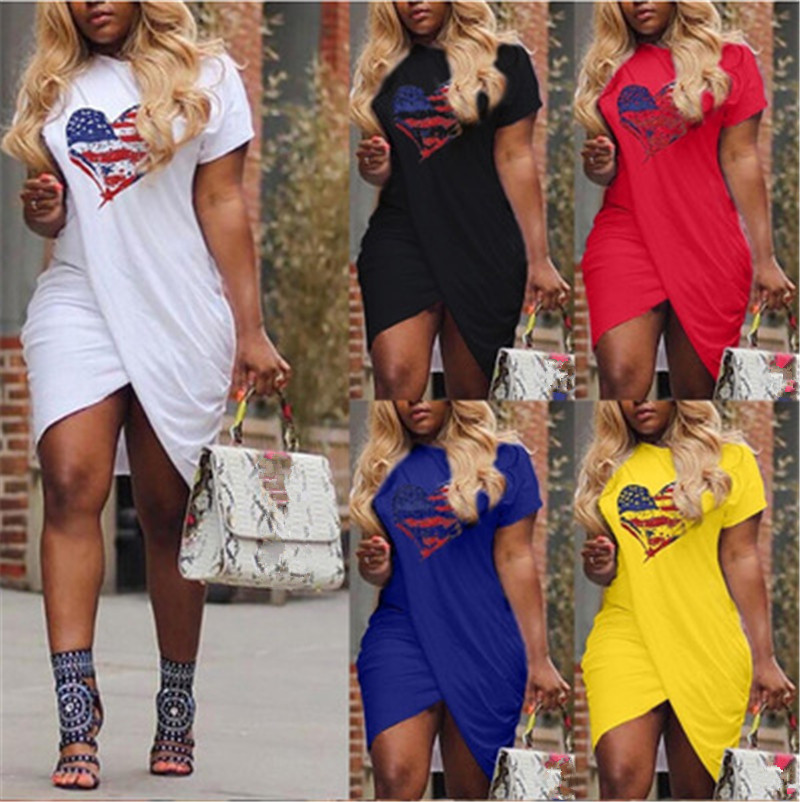 

LOVE Pattern Women Cross Dress Fashion Trend Short Sleeve Candy Color Casual Skirts Designer Summer Female Plus Size Slim Dresses, White