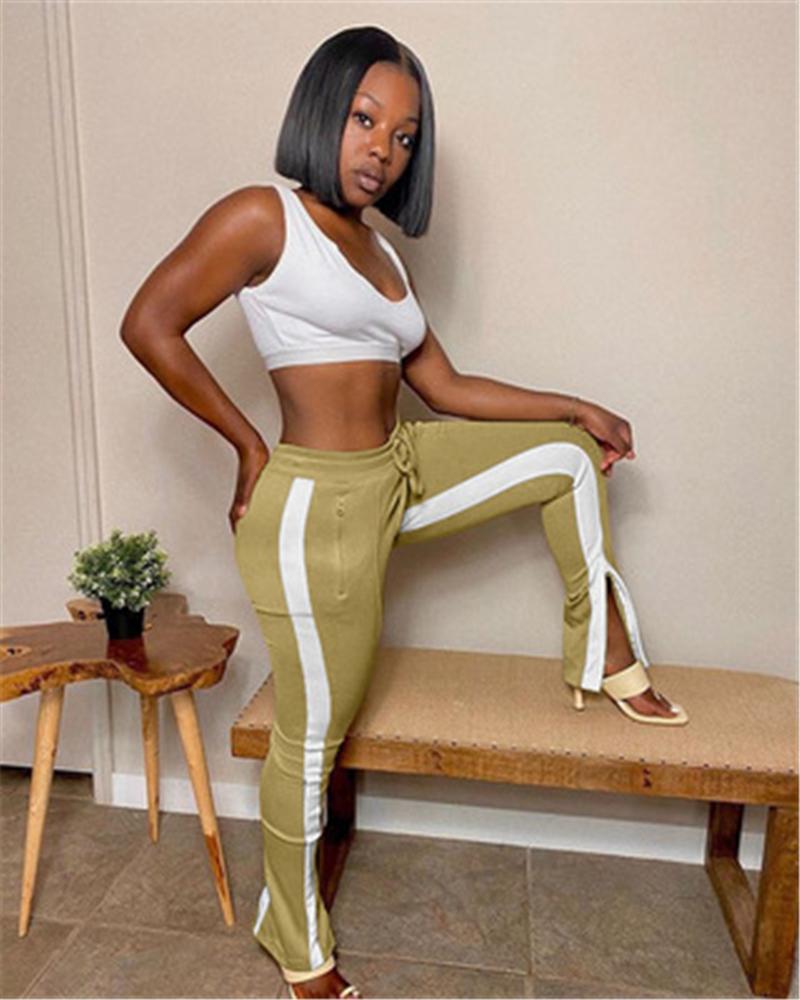 

Ladies Splicing Split Pants Fashion Trend Middle Waist Pocket with Zipper Trousers Designer Female Autumn Thicken Loose Casual Sports Pants, Black