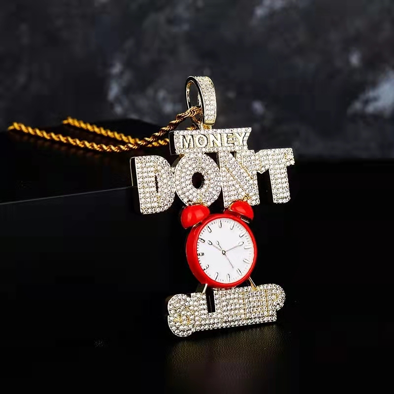 

iced out MONEY DONT SLEEP pendant necklace mens luxury designer bling diamond letters pendants hip hop alarm necklaces good luck jewelry