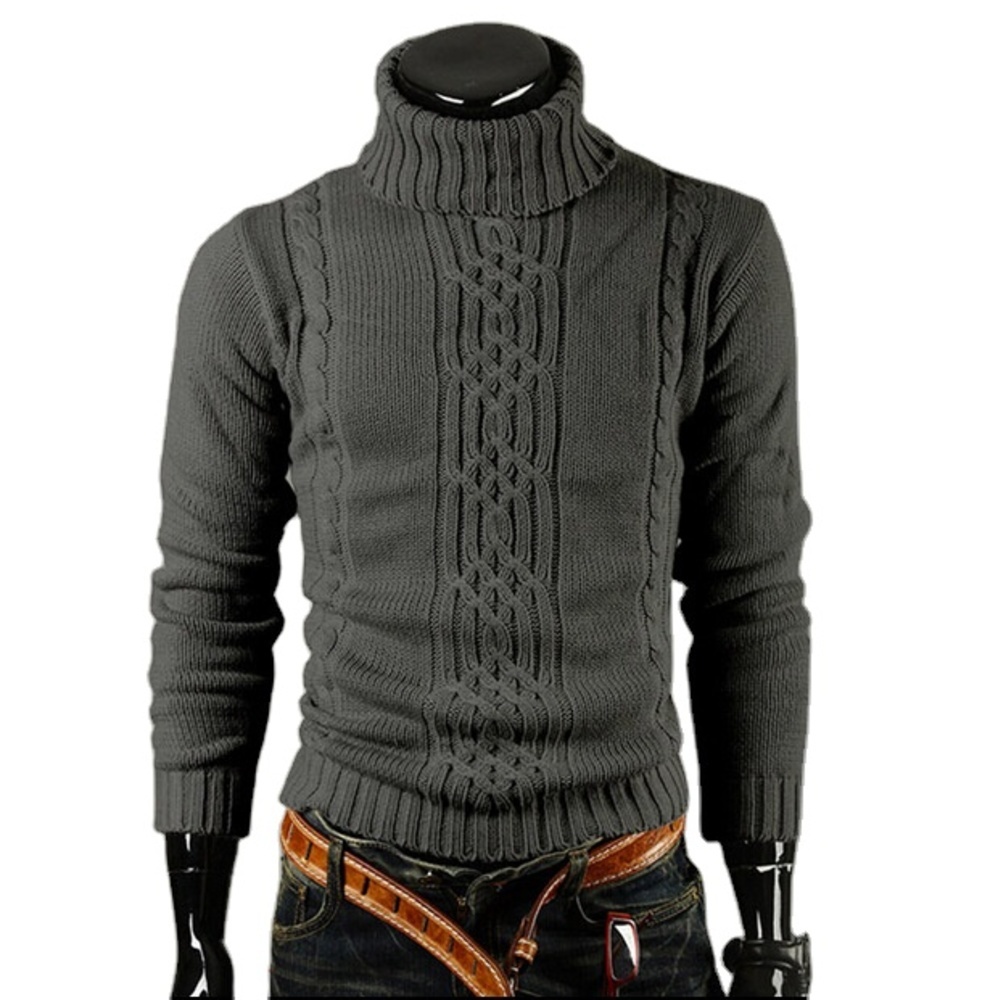 

European and American Men's Slim Solid Color Turtleneck Pullover Sweater, Black