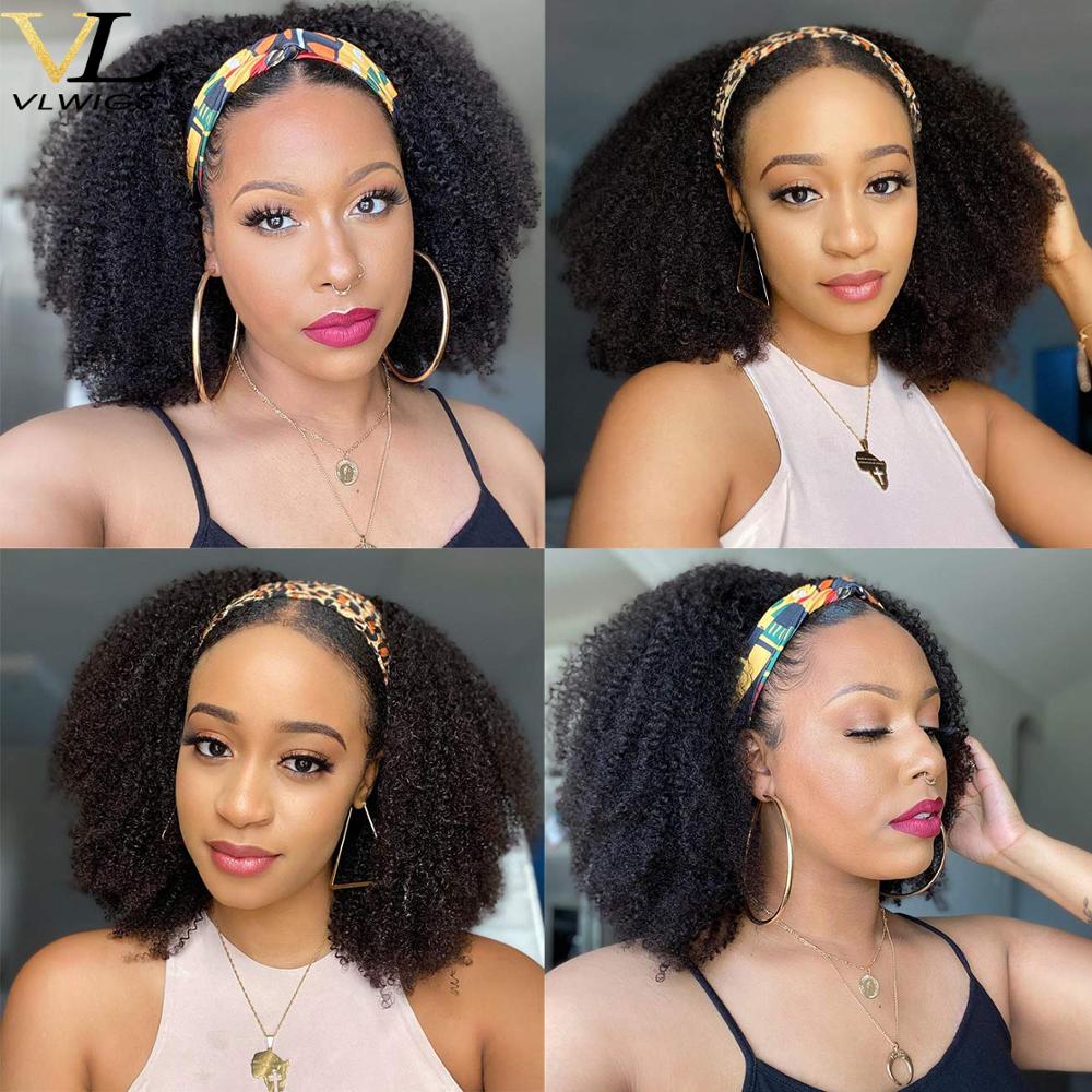 

VLWIGS Afro Kinky Curly Wig Human Hair Headband Wig for balck woman Short Curly Machine Made Human Hair With Headband wigs, Natural color