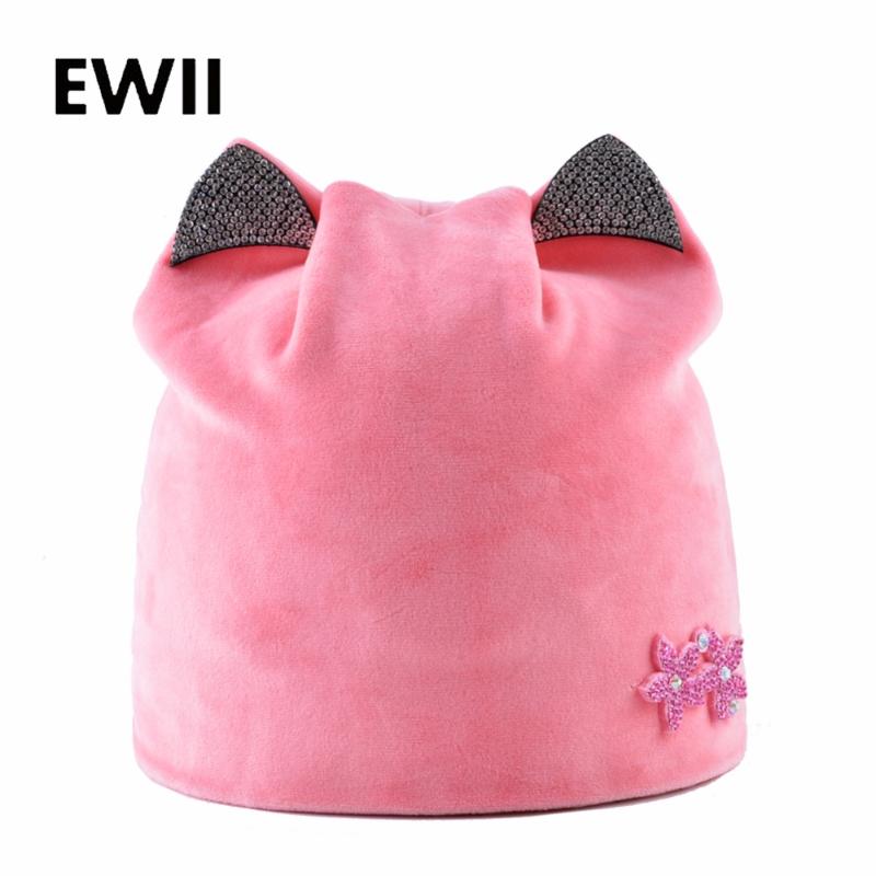 

Women winter hat with ear brand cute caps women beanie hats rhinestone casquette femme knit beanies cap girl skullies gorras, White