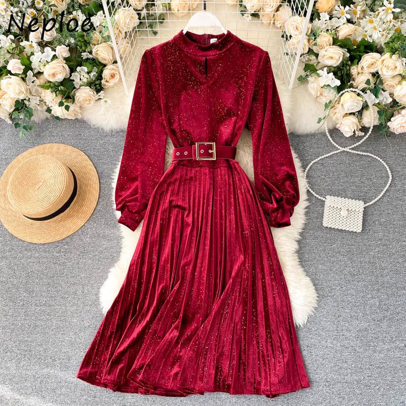 

Neploe Stand Collar Chic Sashes Bling Velvet Pleated Dresses Women 2020 Autumn Femme Vestidos Elegant Temperament Slim Fit Dress, Black