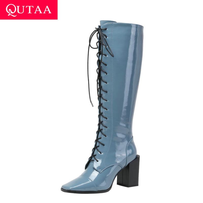 

QUTAA 2021 Square Toe Fashion Knee High Boots Patent Leather Square High Heel Women Boots Lace Up Zipper Ladies Shoes Size 34-39, Beige